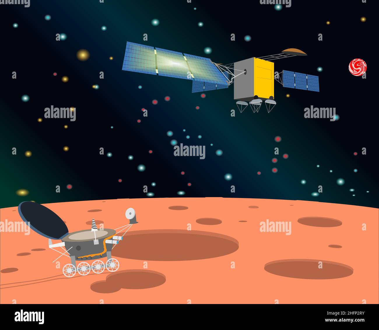 An image of an artificial satellite and a lunar rover in open space ...