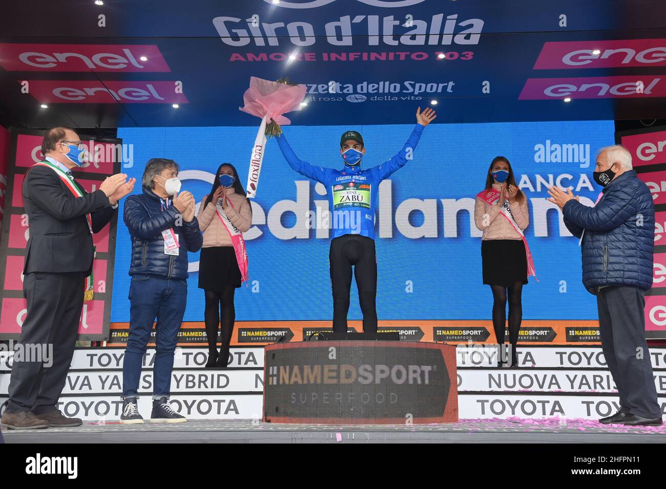 Gian Mattia D'Alberto/LaPresse October 18, 2020 Italy Sport Cycling Giro d'Italia 2020 - 103th edition - Stage 15 - from Air base Rivolto to Piancavallo In the pic: Giovanni Visconti (Vini Zabu' - Brado - KTM)), blue jersey Stock Photo