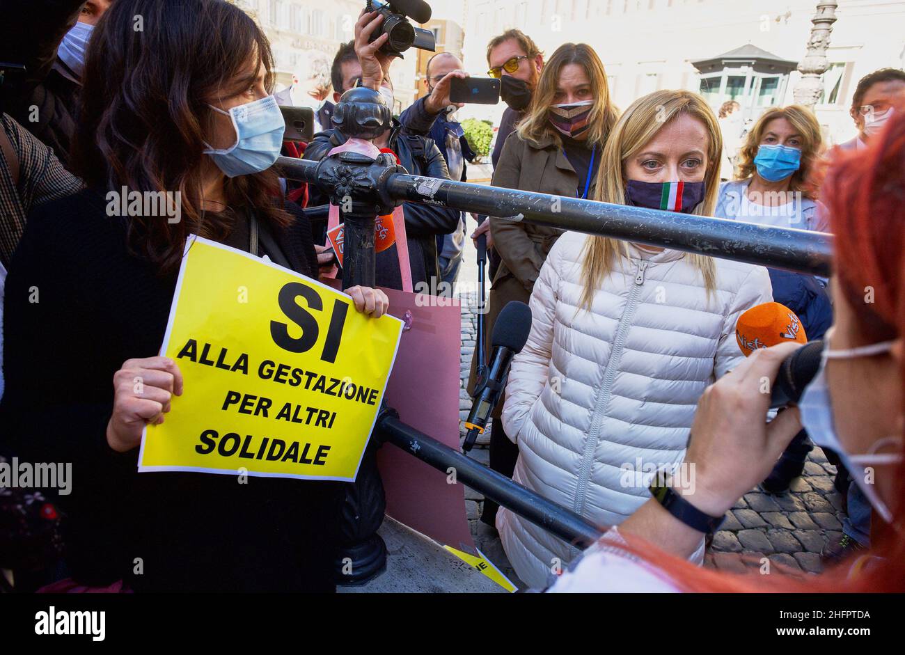Mauro Scrobogna /LaPresse October 22, 2020&#xa0; Rome, Italy Politics Montecitorio - Coscioni association demonstration &quot;the Roki girls&quot; In the photo: The leader of the Brothers of Italy Giorgia Meloni with the demonstrators suffering from Rokitansky syndrome, born without the uterus. They could have children through the technique of assisted fertilization with gestation for others, a practice that Meloni's own bill wants to make a crime. Stock Photo