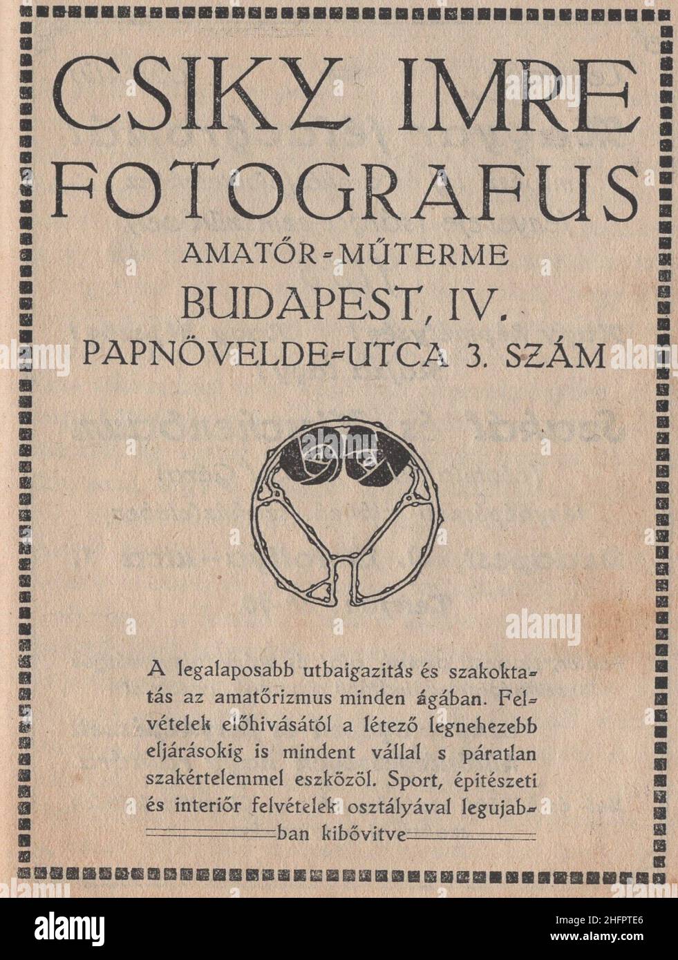 Antique hungarian photography book ' Az Atnyomas' from 1923. These  photogarhy advertisements are came from this book. Some of them richly  illustrated. There are variety of service providers adverts and world known