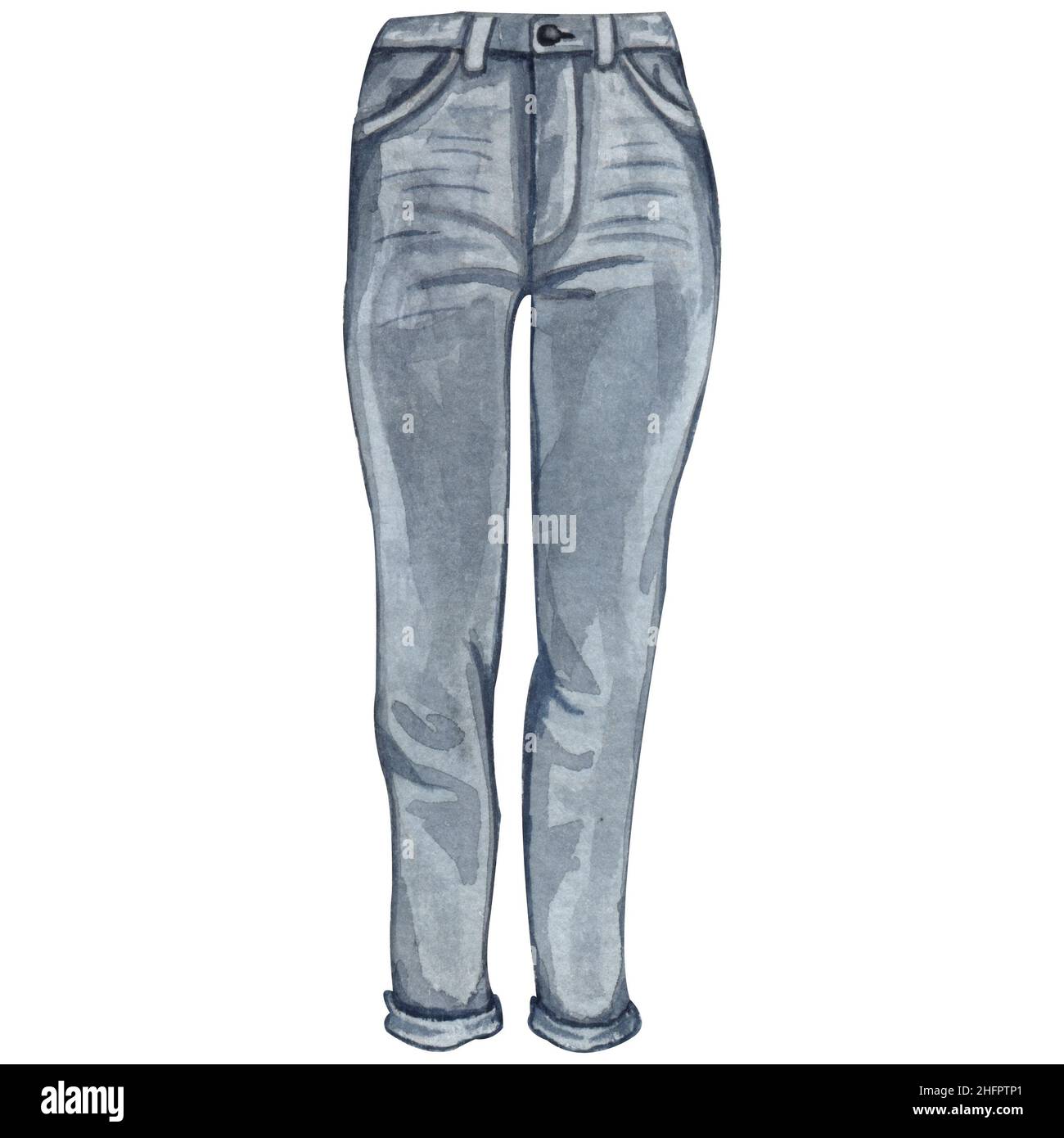 Blue watercolor jeans on a white background. Handdrawn illustration fashion denim jeans Stock