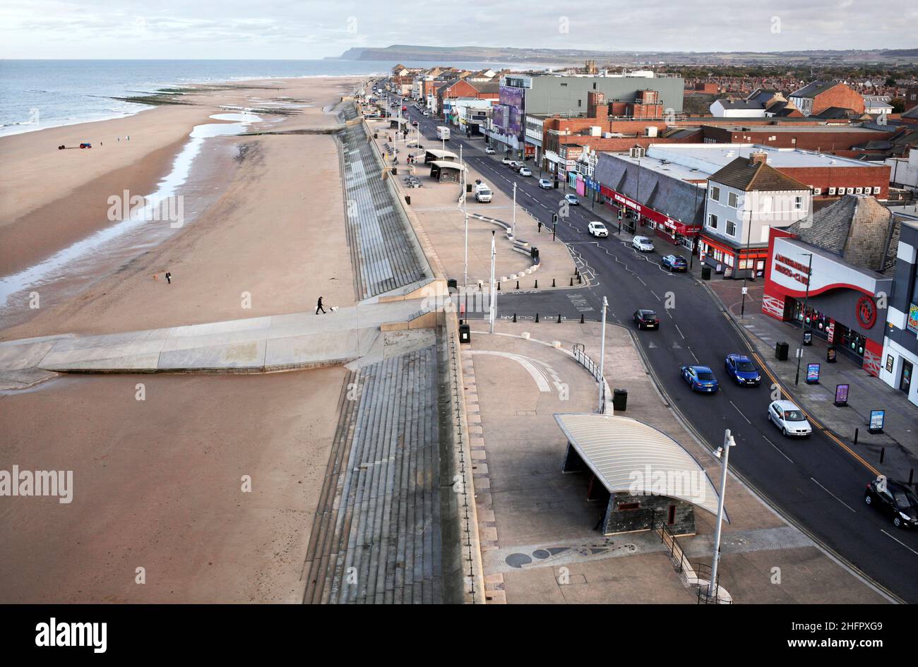 Redcar beach and prom from the top of the town's vertical pier. Photograph: Stuart Boulton. Stock Photo
