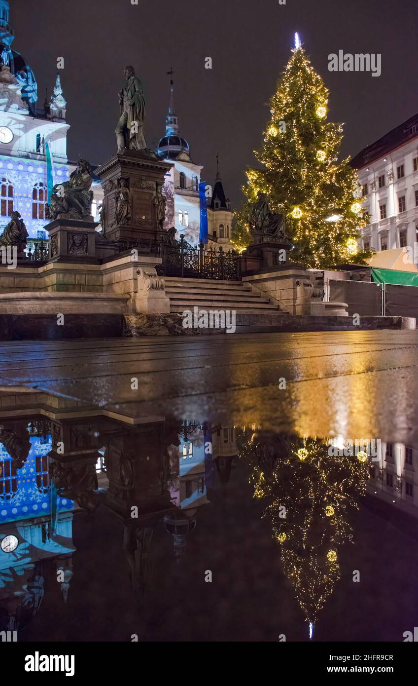 Beautiful Christmas decorations at famous main square Hauptplatz, at night, in the city center of Graz, Steiermark, Austria. Stock Photo