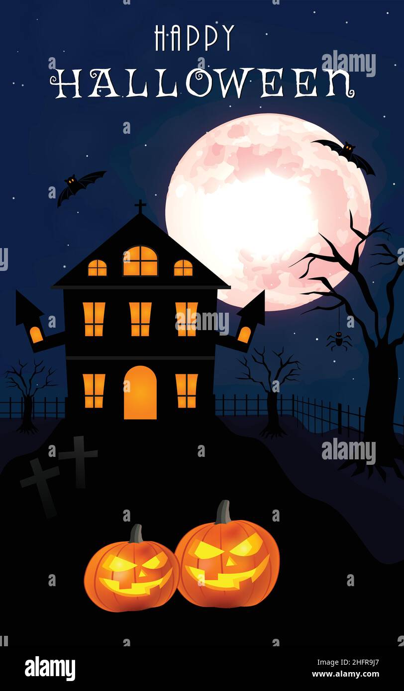 Halloween Full moon, Banner, Spiders, Haunted House, Pumpkins, Death, dead tree, and Bats landscape poster Stock Vector