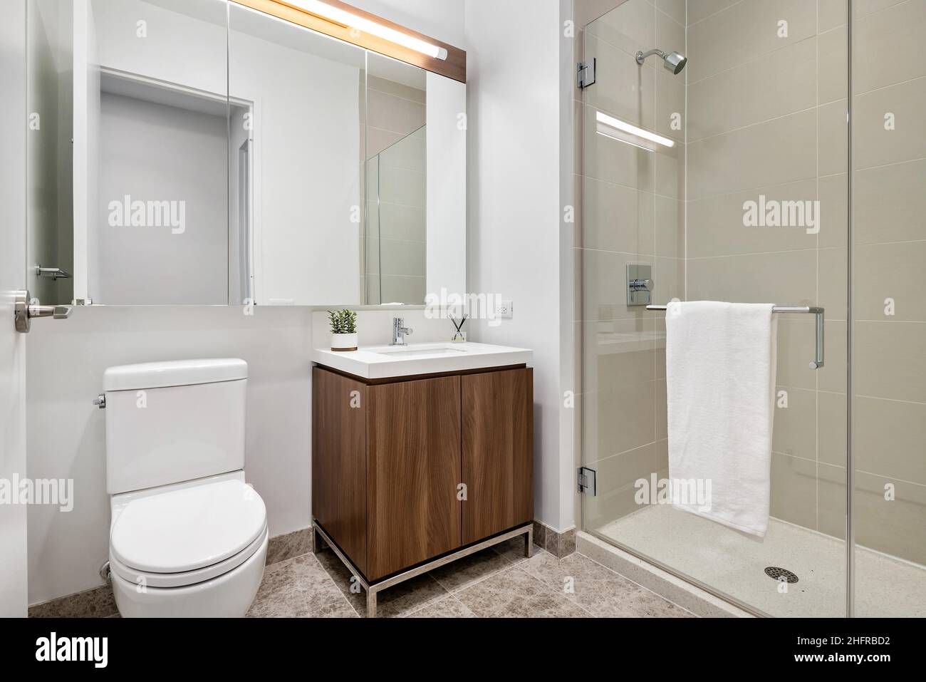 Luxury Penthouse Bathroom with Wood Vanity and Glass Door Shower ...