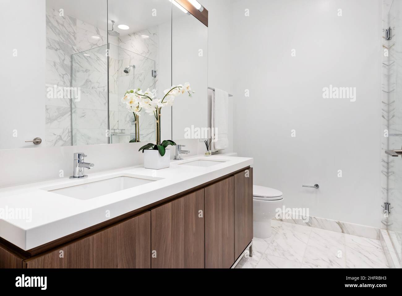 View of Luxury Penthouse Bathroom with Wood Vanity and White Marble Tile ...