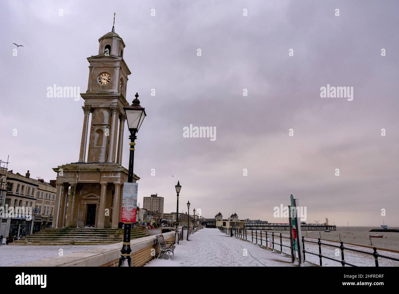 Herne Bay - snow covered promenade after Storm Darcy passed through the country. Stock Photo