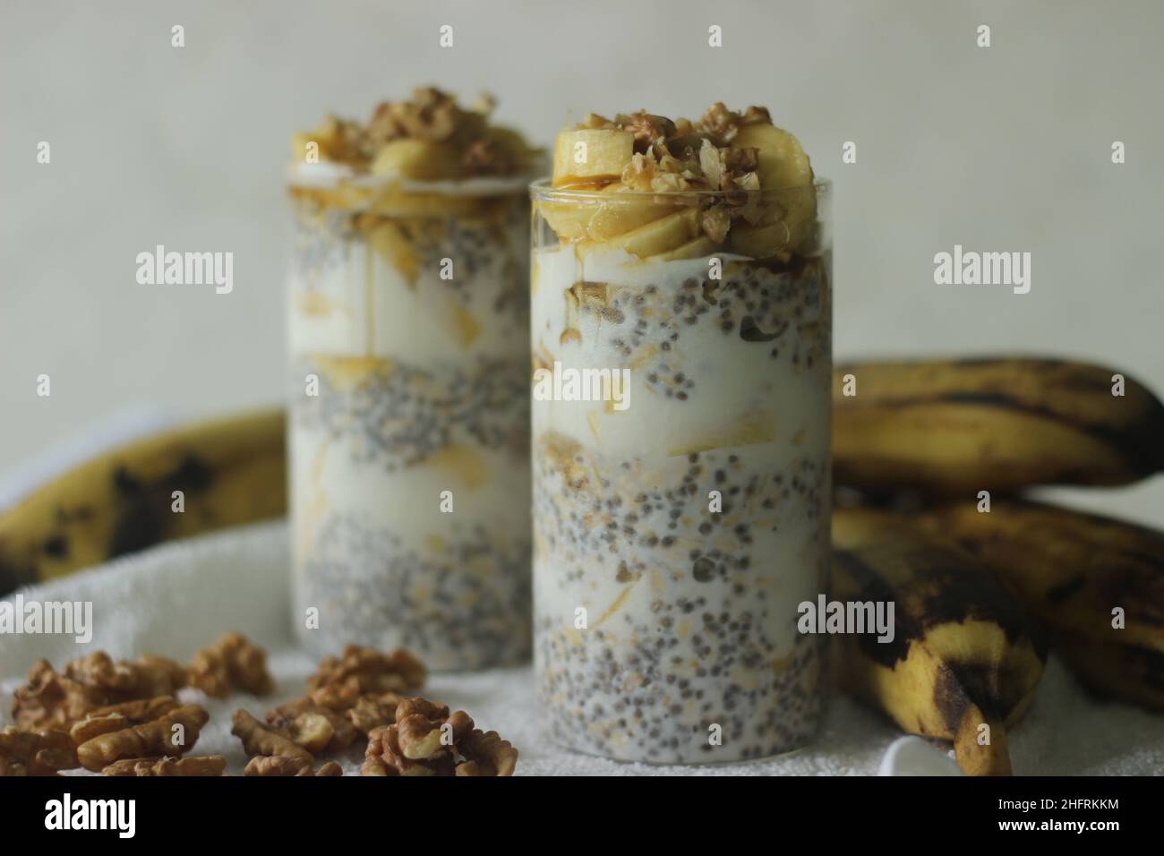 Overnight oats with ripe plantain and walnuts. Made by soaking rolled