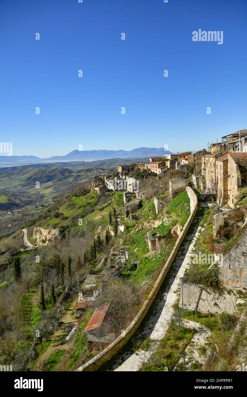 Panoramic view on the ruins of Montecalvo Irpino, an abandoned village in the mountains of the province of Avellino, Italy. Stock Photo