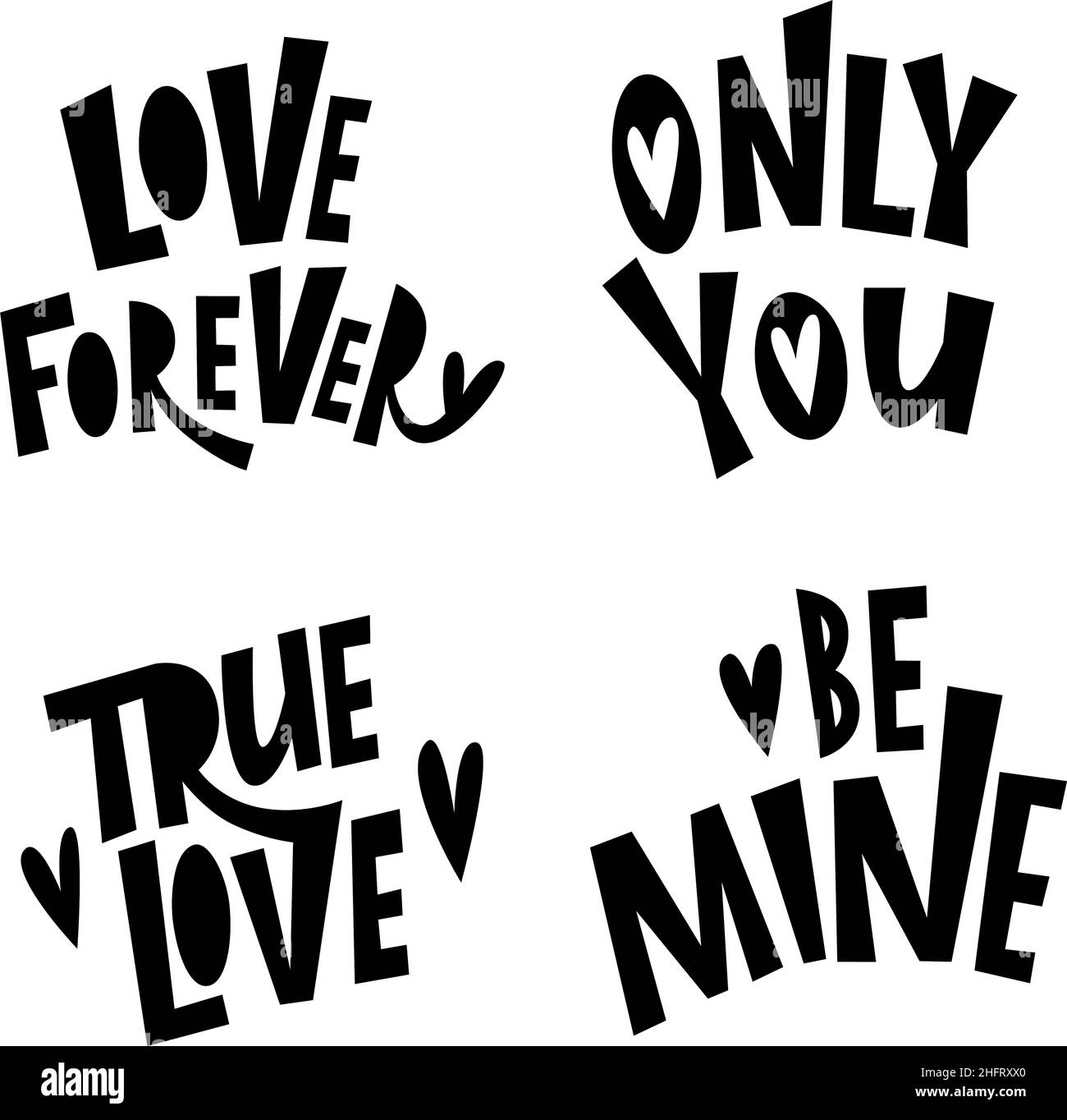 Vector set of lettering about love. Valentines Day. Black and white ...