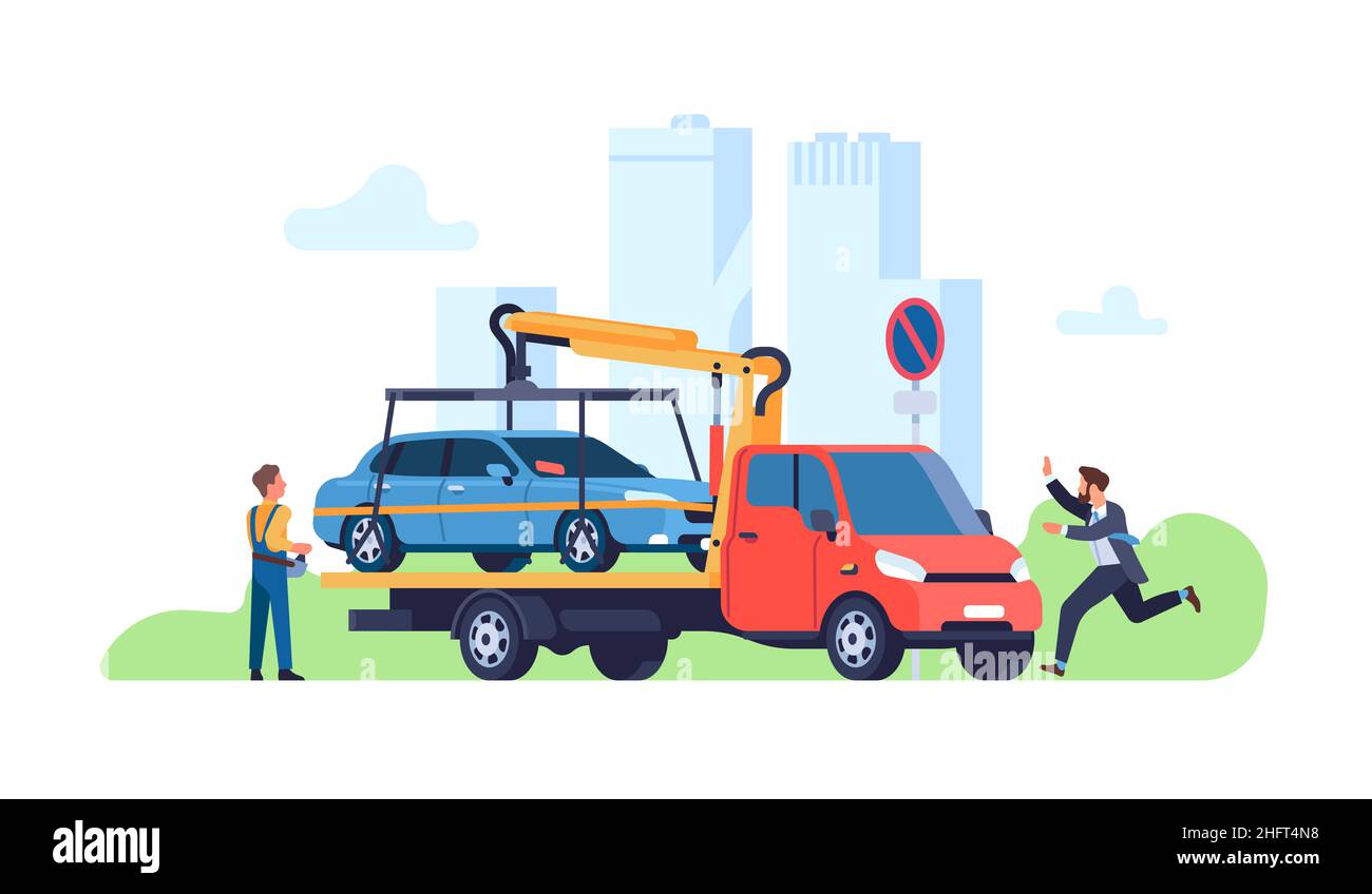 Car evacuator. Parking violations consequences. Driver catches up with automobile. Forced transportation of vehicle. Transport evacuation. Tow truck Stock Vector