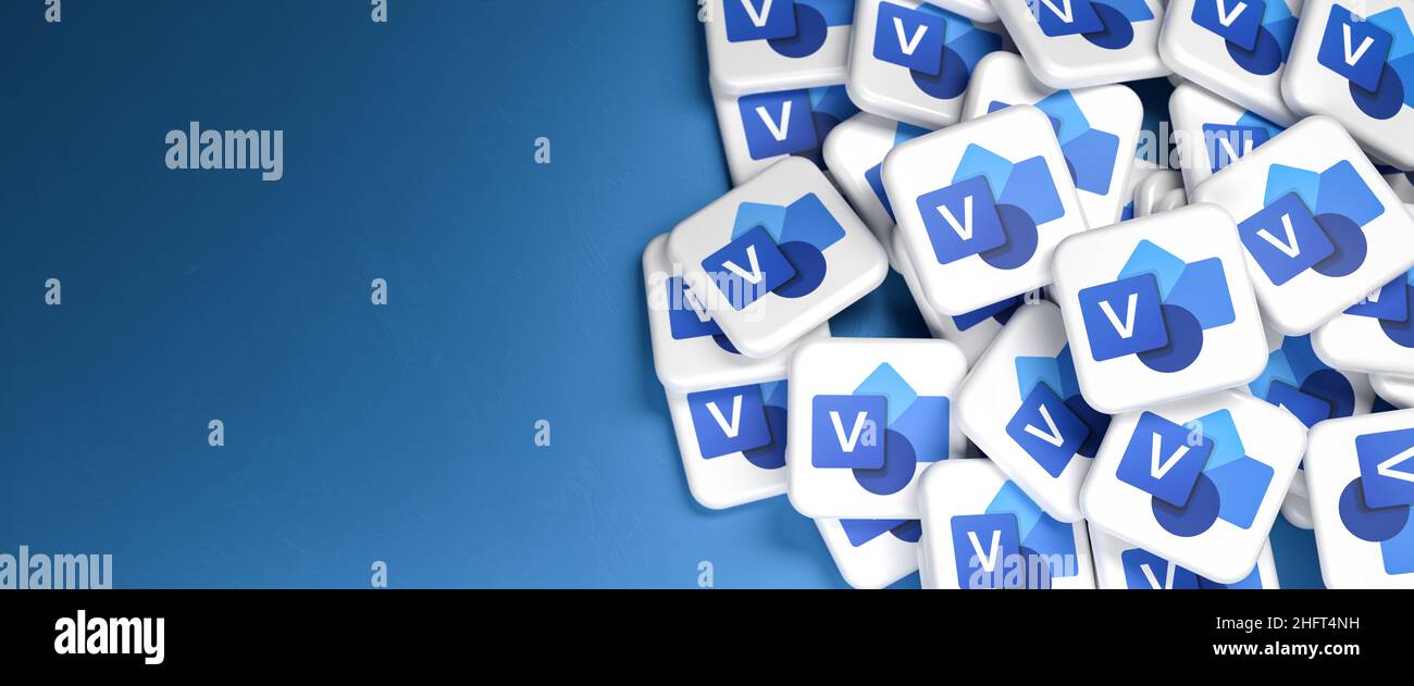 Logos of the Microsoft product Visio on a heap. Copy space. Web banner format. Stock Photo