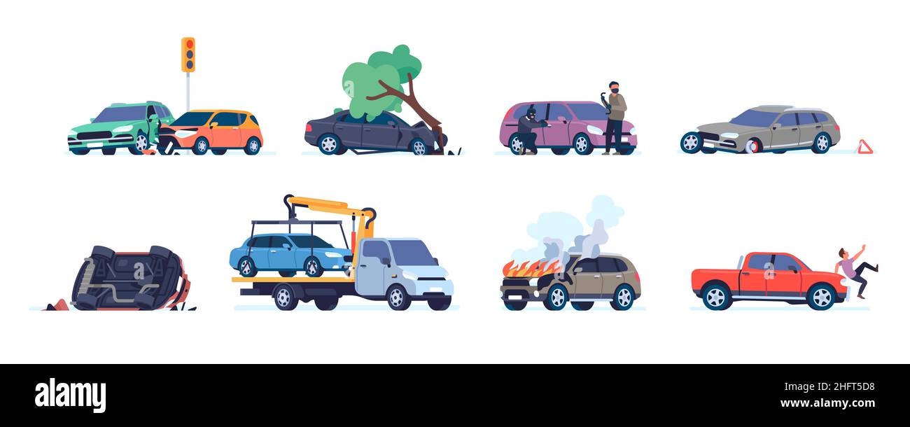 Car road accident. Different situations with wrecked vehicles. Evacuator picks up car. Automobile crashes and knocking pedestrian. Thieves steal auto Stock Vector