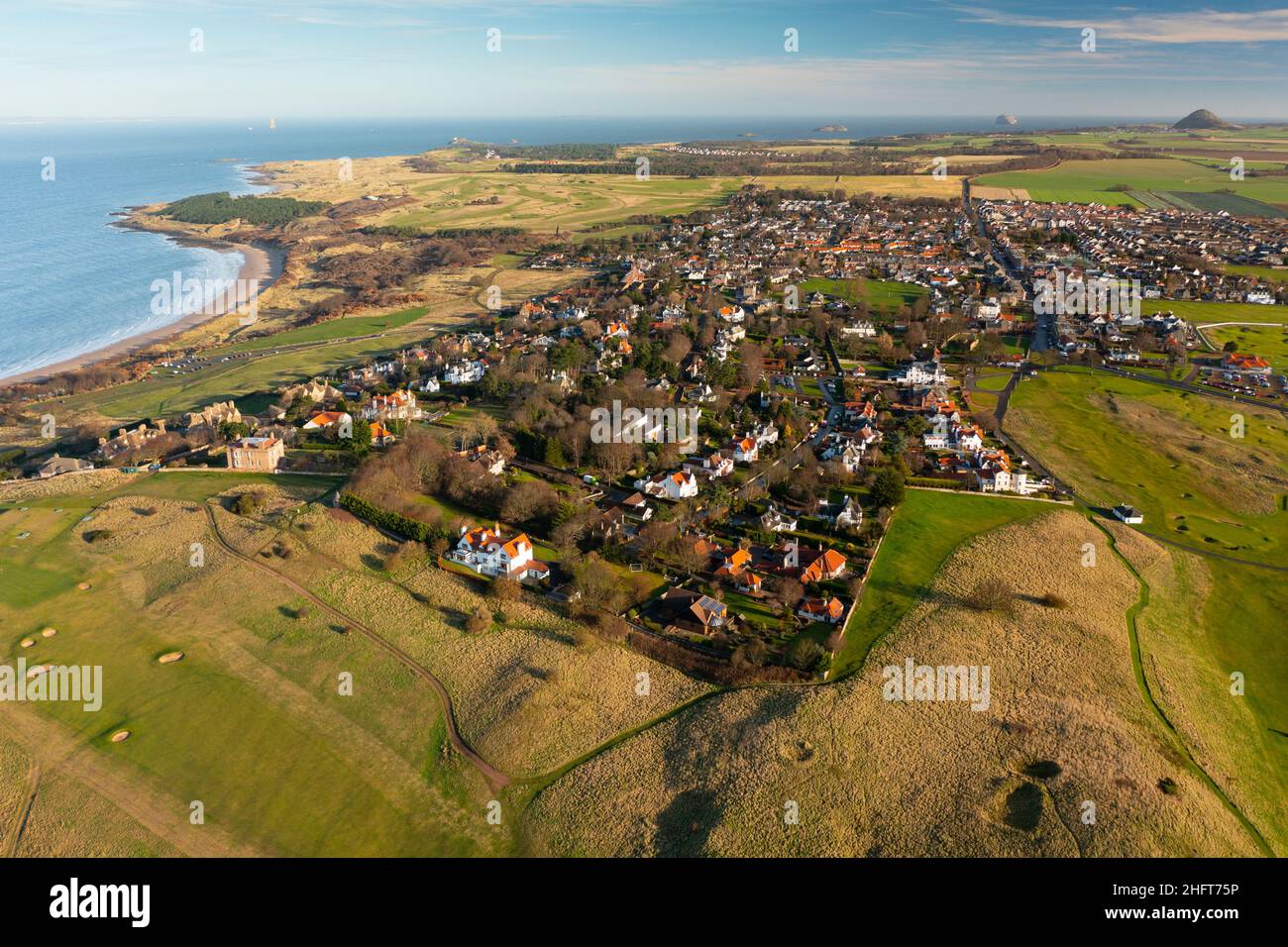 Aerial view from drone of affluent Gullane village, East Lothian, Scotland, UK Stock Photo