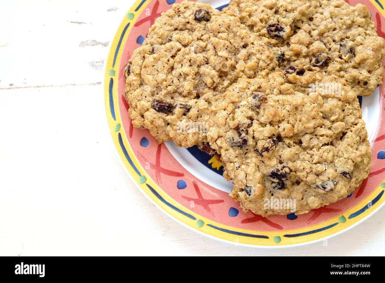 Delicious homemade oatmeal raisin cookies. Stock Photo