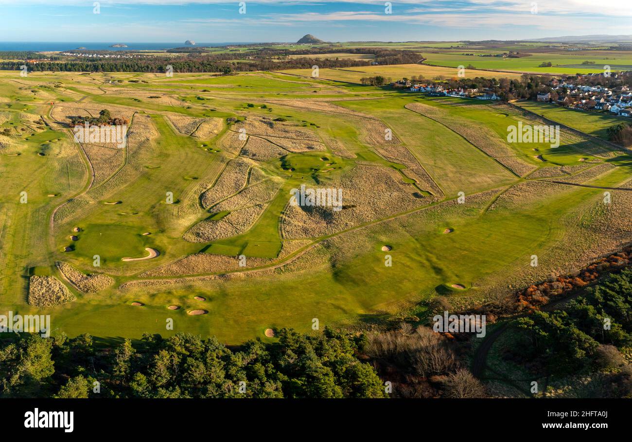 Aerial view from drone of Muirfield Golf Club in Gullane, East Lothian