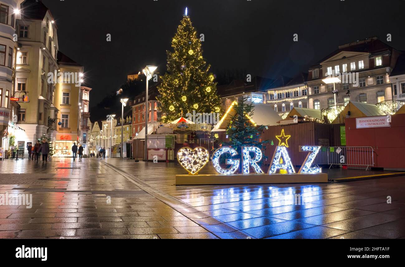 Graz, Austria-December 02, 2021: Beautiful Christmas decorations at famous main square Hauptplatz, at night, in the city center of Graz, Steiermark, A Stock Photo
