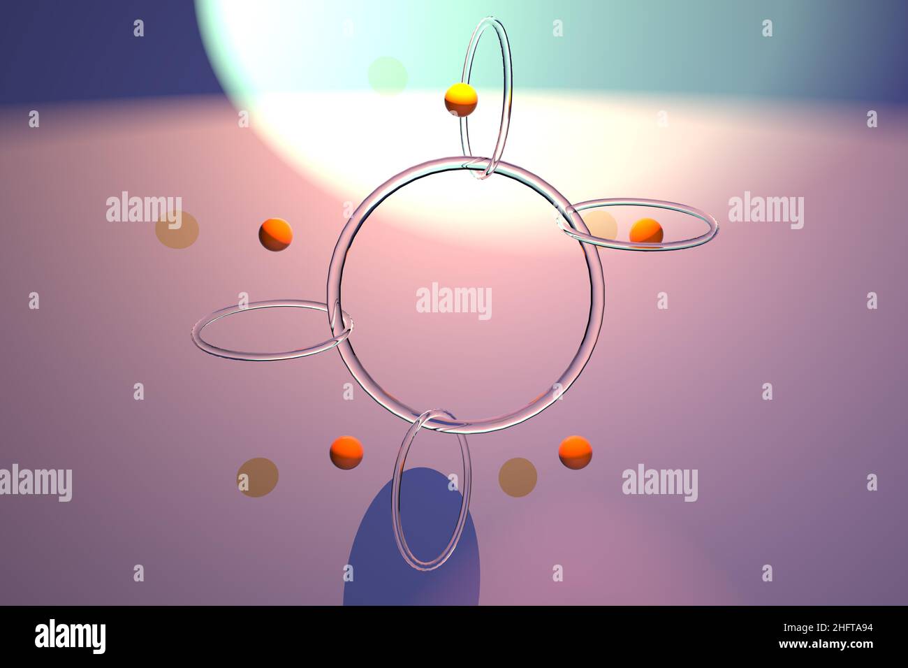 The Orange balls and transparent glass rings. The balls spin through