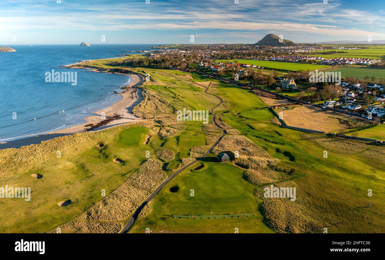 Aerial view from drone of North Berwick Golf Club course , North