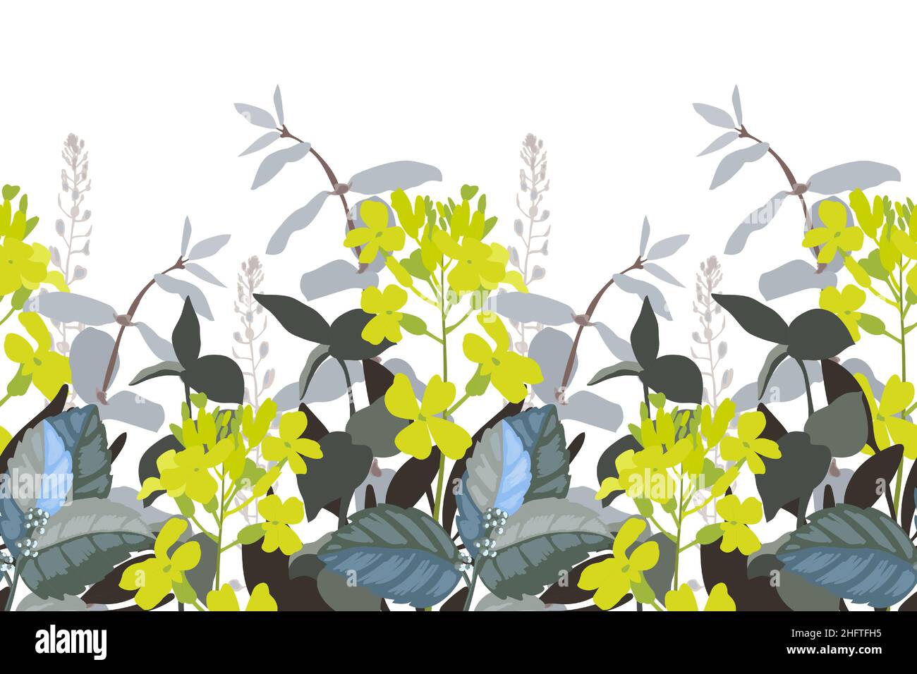 Vector floral seamless pattern, border. Horizontal panoramic design with yellow flowers. Stock Vector