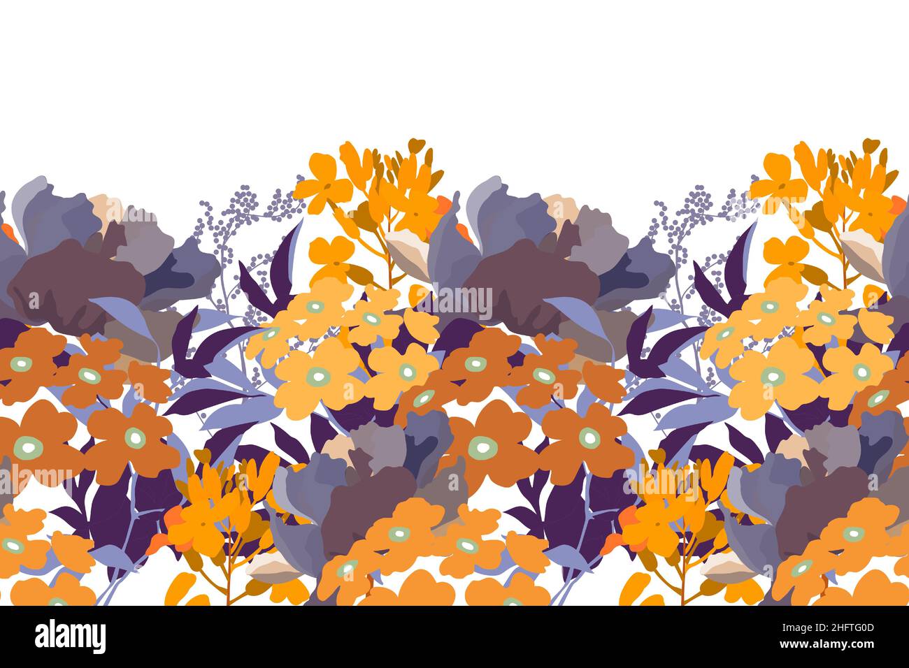 Vector floral seamless pattern, border. Horizontal panoramic design with multicolored leaves and herbs. Stock Vector