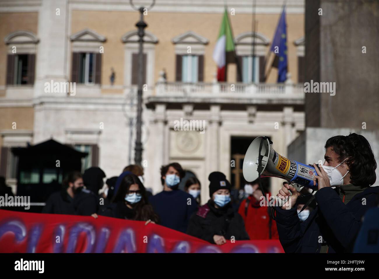 Cecilia Fabiano/LaPresse January 18 , 2021 Roma (Italy) News: On the occasion of the reopening of the schools, many students staged protests to underline the lack of organizational and structural interventions In the Pic : Students protests in front of Montecitorio government palace Stock Photo