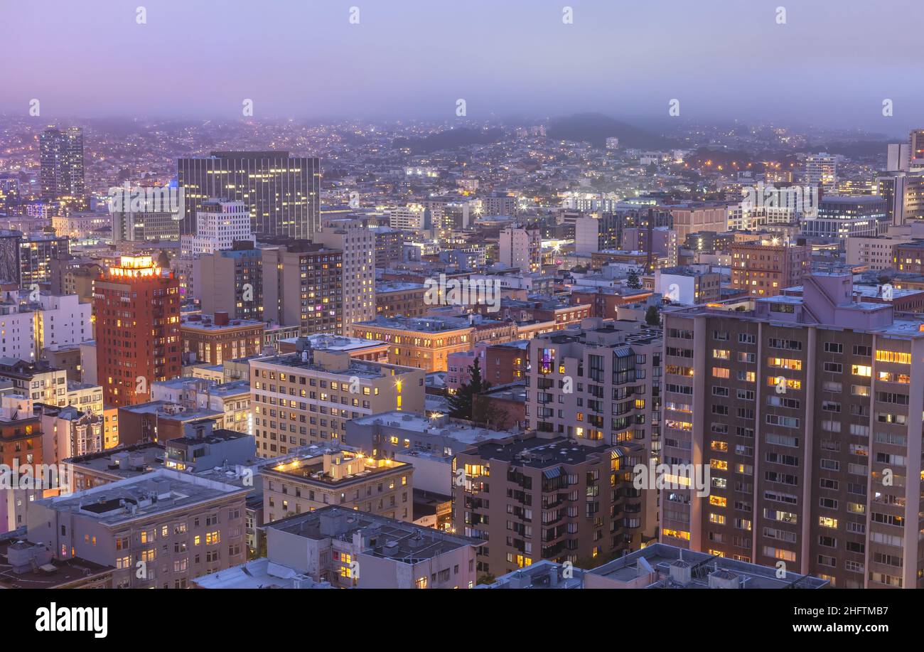 Aerial view of San Francisco suburban area at Nob Hill at nightfall, California, USA.. Stock Photo