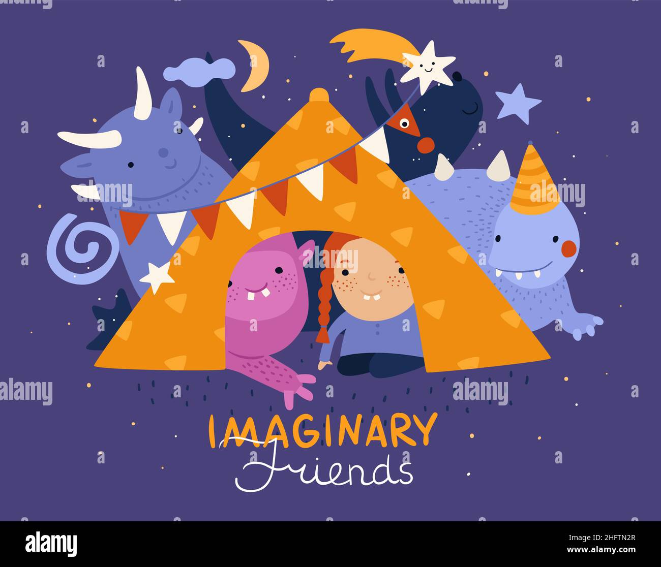 Kids with imaginary friends. Girl in children tent and cute happy monsters. Fabulous creatures. Fantasies and play in fictional world. Dreamlike Stock Vector