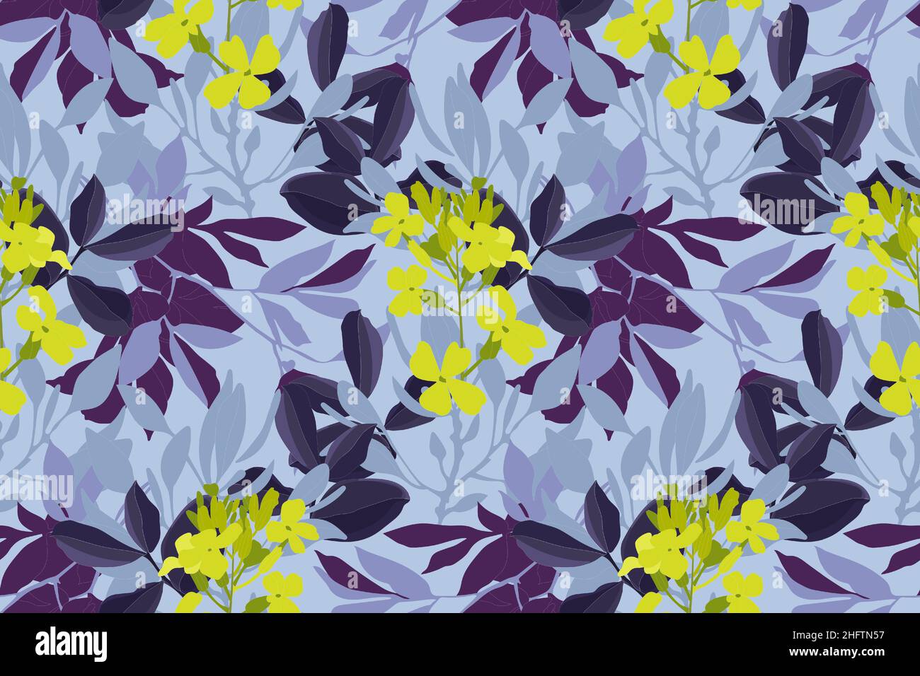 Vector floral seamless pattern. Yellow flowers and purple leaves on a blue background. Stock Vector