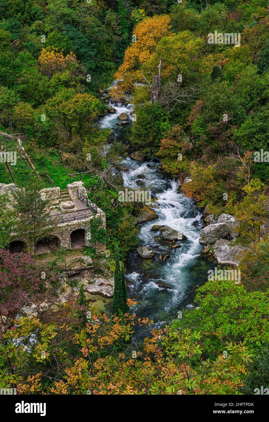 Bird's eye view of the Sagittarius river and the remains of the ancient mill near the hermitage of San Venanzio in Raiano. Raiano, Abruzzo Stock Photo