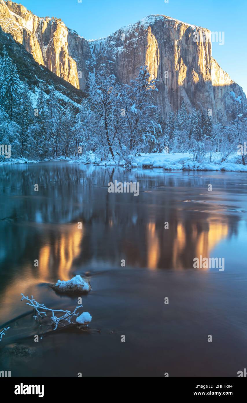 The iconic El Capitan and its reflection on the Merced River at sunrise, Yosemite National Park, California,USA. Stock Photo