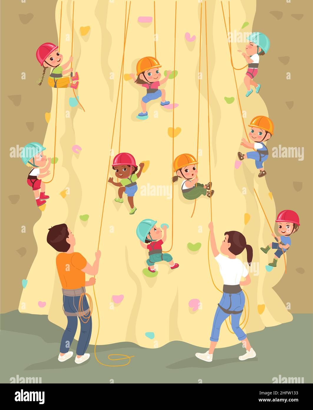 Rock extreme climbing. Kids climb steep wall with ledges under adult
