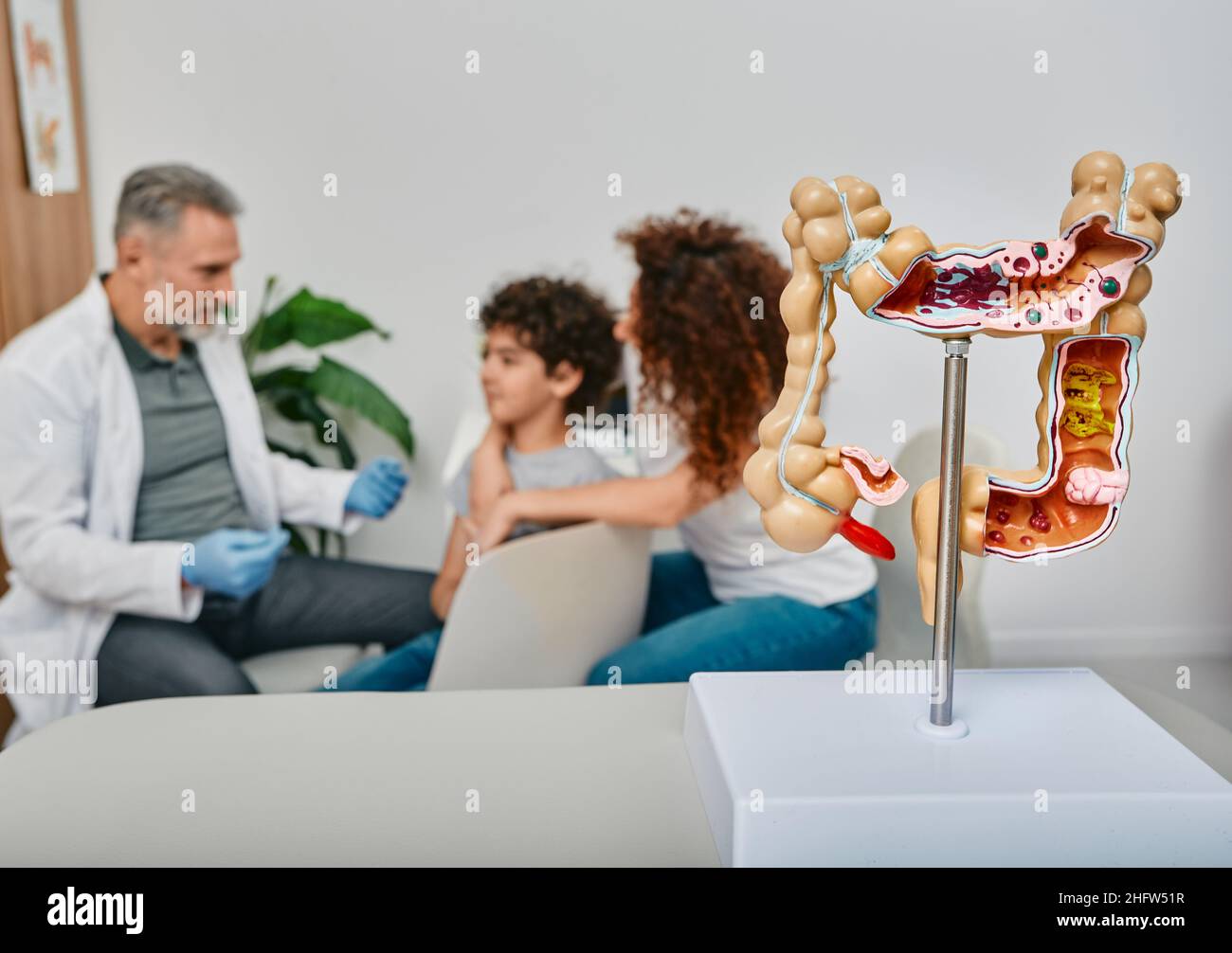 Consultation gastroenterologist for child patient. Anatomical intestines model on doctor table in foreground Stock Photo