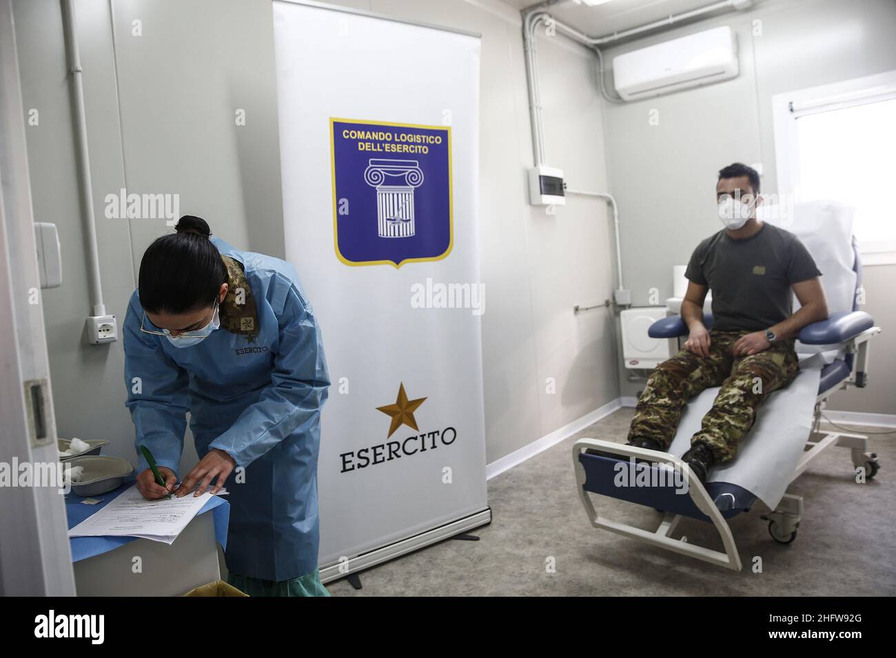 Cecilia Fabiano/LaPresse February 23 , 2021 Roma (Italy) News : Defense Vaccination Centre in the militar city of Cecchignola in Rome In The Pic : vaccination of military corps Stock Photo