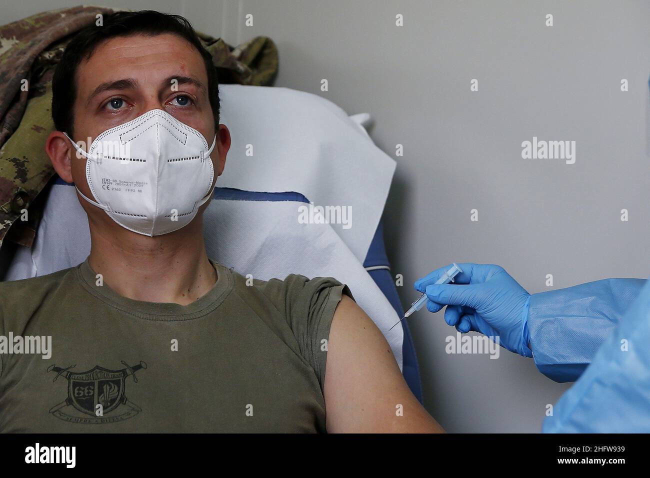 Cecilia Fabiano/LaPresse February 23 , 2021 Roma (Italy) News : Defense Vaccination Centre in the militar city of Cecchignola in Rome In The Pic : vaccination of military corps Stock Photo