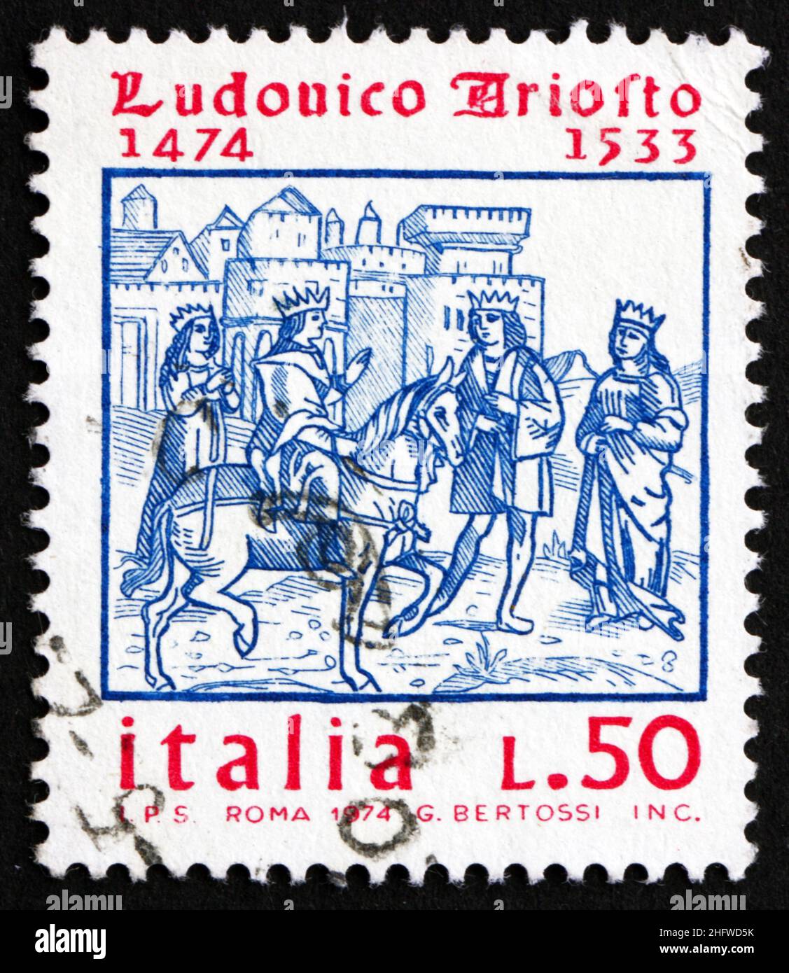 ITALY - CIRCA 1974: a stamp printed in the Italy shows Ludovico Ariosto, Poet, King Roland Woodcut, Author of the Romance Epic Orlando Furioso, 1516, Stock Photo