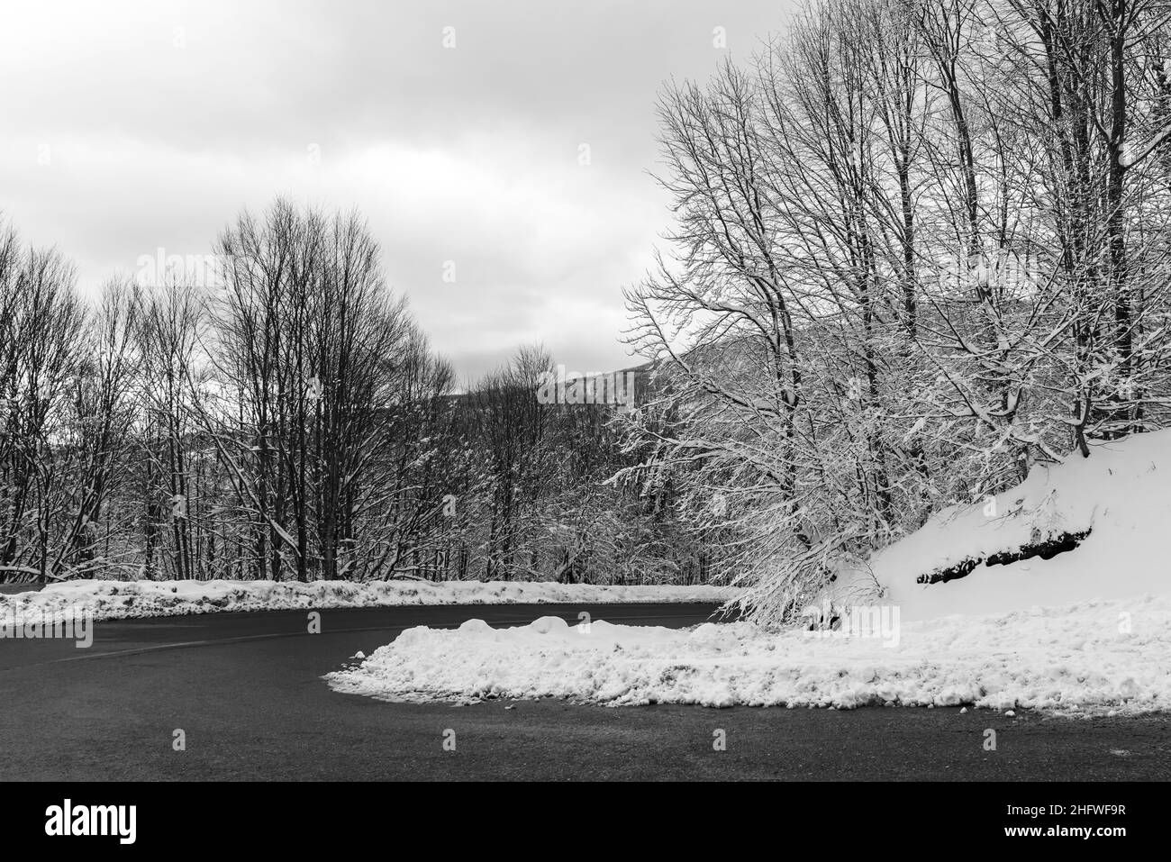 KARTEPE, KOCAELI, TURKEY. Beautiful winter landscape. Winter snowy forest with road. Stock Photo