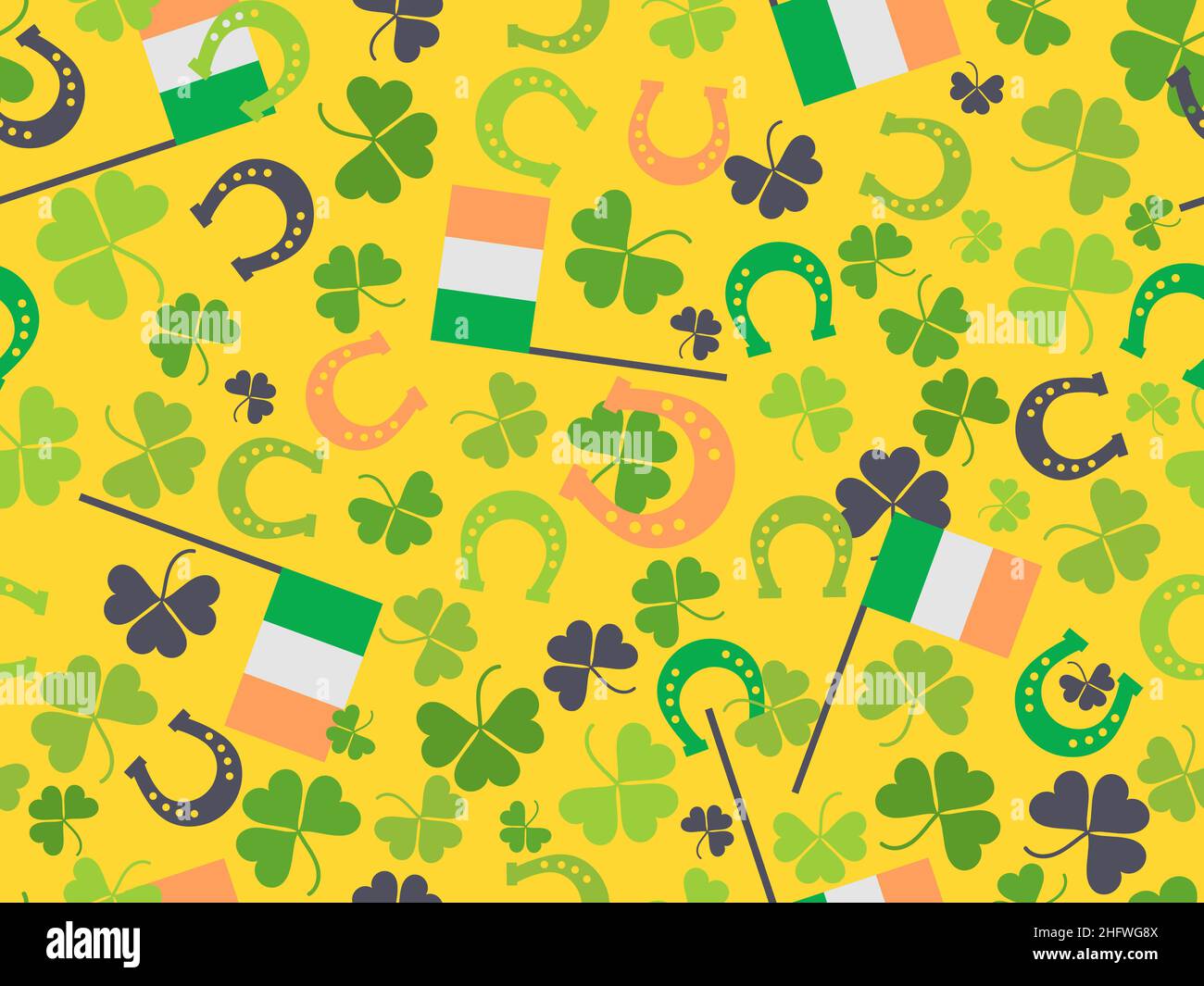 Seamless pattern with clovers, horseshoes and Irish flags. Festive background for St. Patrick's Day for advertising products, postcards and printing. Stock Vector