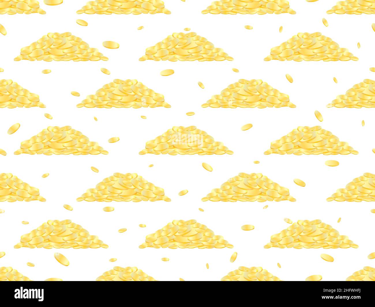 Mountain of gold coins on white background seamless pattern. Flying ...