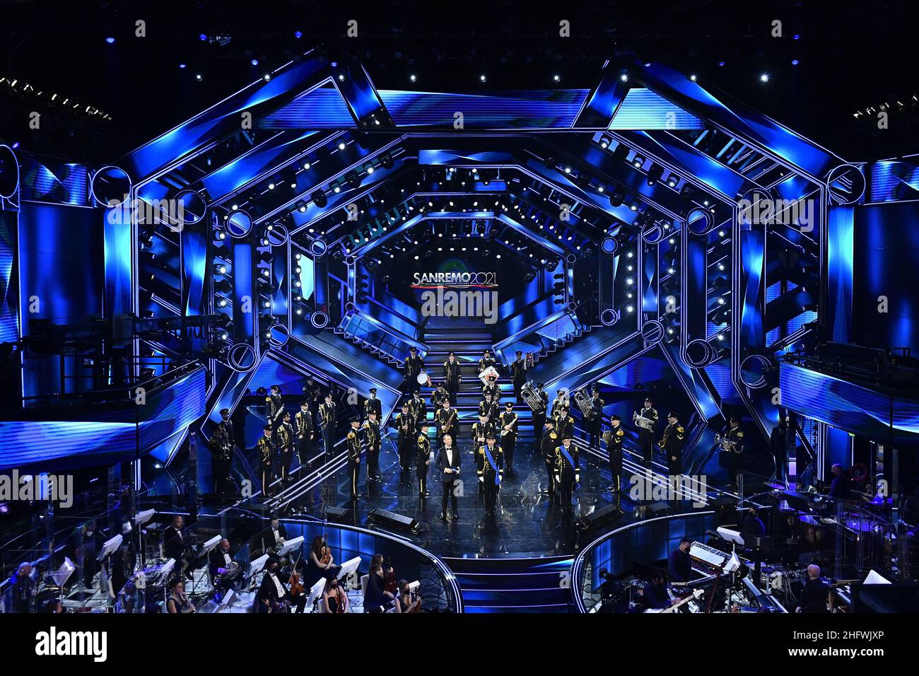 Matteo Rasero/LaPresse March 06, 2021 Sanremo, Italy entertainment Sanremo music festival 2021, final evening. In the photo: Banda della Marina militare Stock Photo