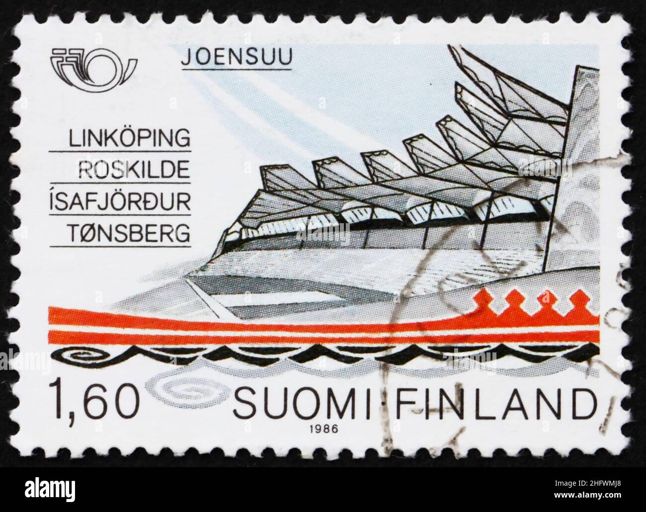 FINLAND - CIRCA 1986: a stamp printed in the Finland shows Joensuu and Jyvaskyla, Sister Towns, Nordic Cooperation Issue, circa 1986 Stock Photo