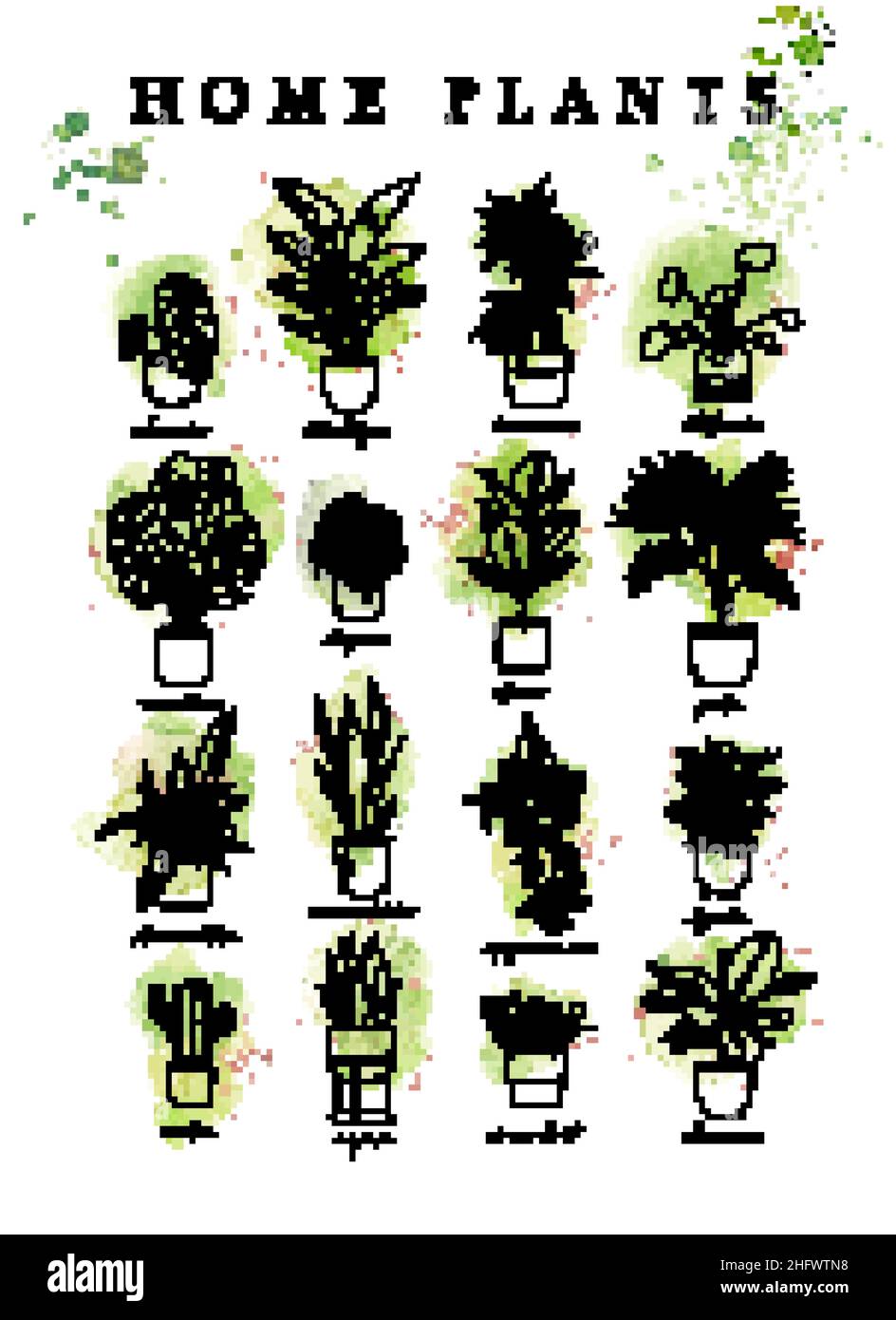 Poster home plants in watercolor handmade style alocasia, strelitzia, dracaena, stefania, monster, begonia, ficus, palm, stromanthe, epipremnum, lyrat Stock Vector