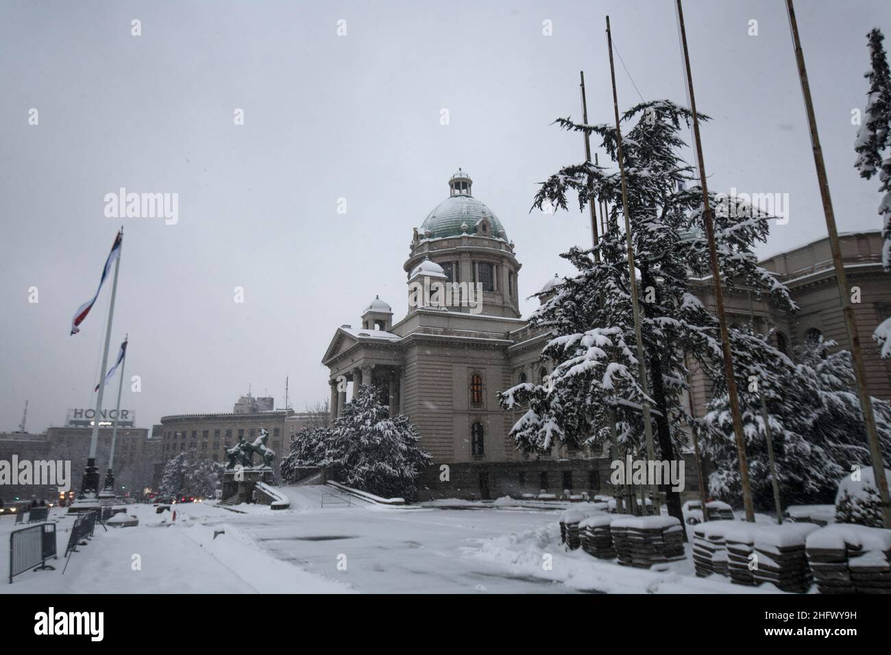 Winter in Serbia: National Assembly of Serbia covered by snow, Belgrade Stock Photo