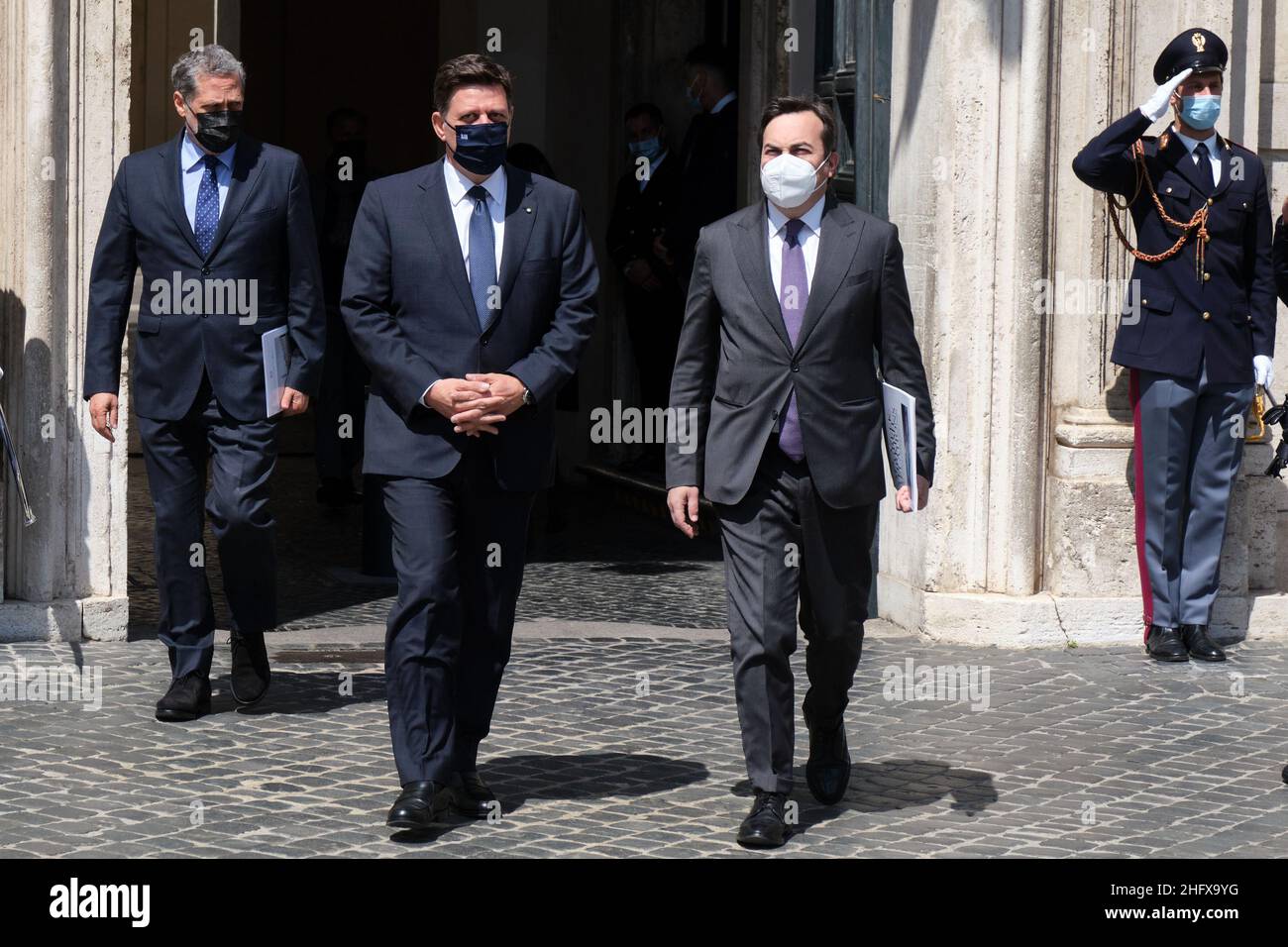 Mauro Scrobogna /LaPresse April 15, 2021&#xa0; Rome, Italy Politics Palazzo Chigi - Government - Italy Greece In the photo: The Deputy Minister for Foreign Affairs of Greece Miltiadis Varvitsiotis, left, and the Undersecretary of State with responsibility for Foreign Affairs Vincenzo Amendola after the meeting in the seat of the Government Stock Photo
