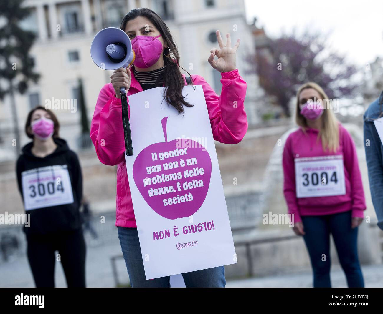 Roberto Monaldo / LaPresse 18-04-2021 Rome (Italy) #CorsaAlRecovery - Flash mob against gender disparity In the pic A moment of the flash mob Stock Photo
