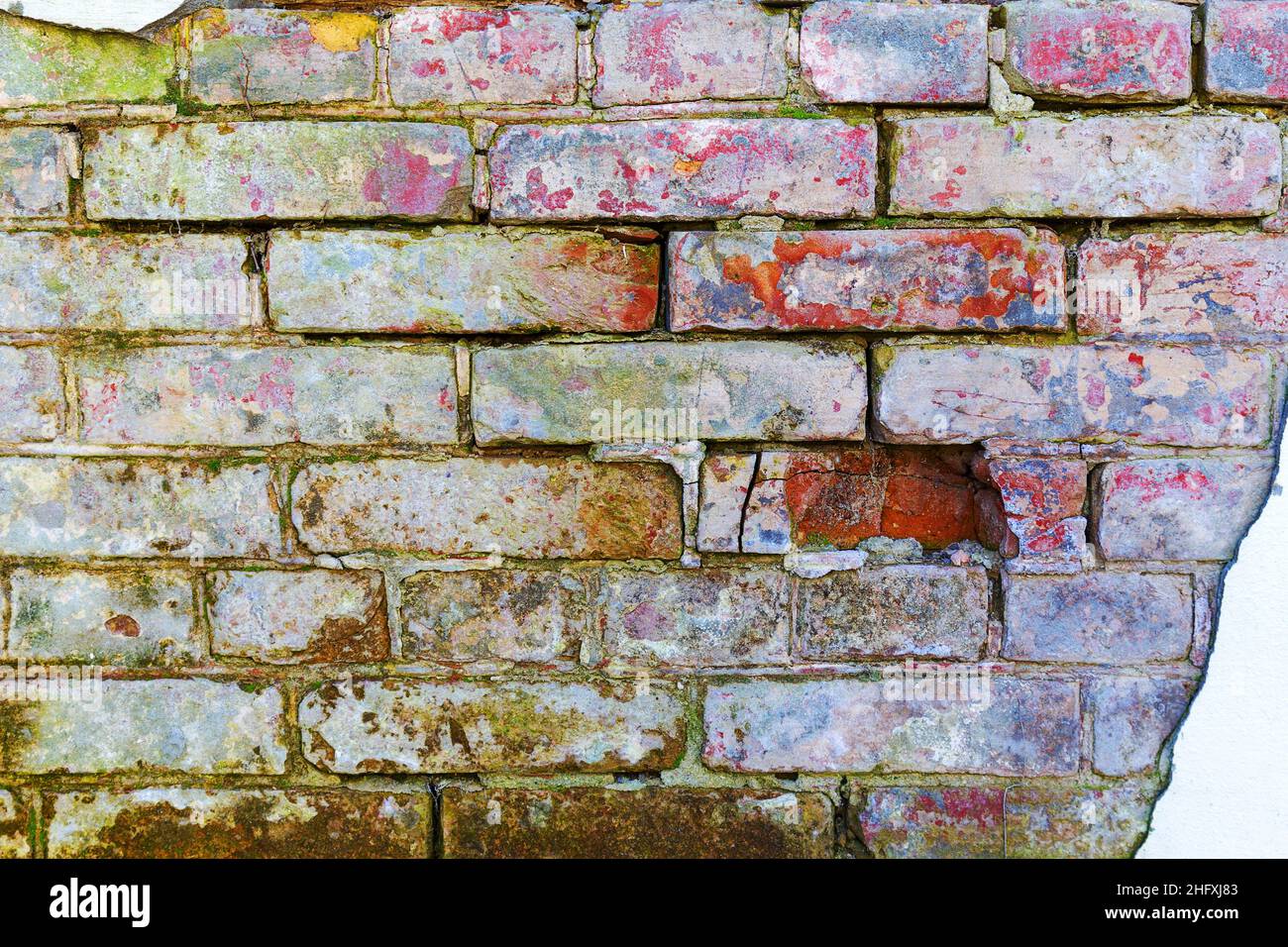 Abstract background old white brick wall with cracks and scratches ...