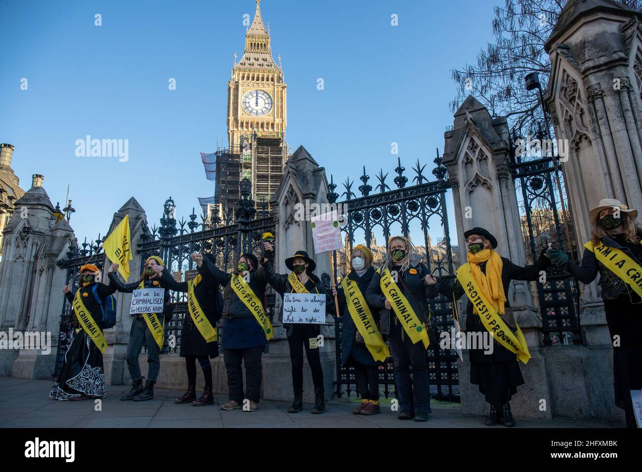 LONDON, UK 17th January 2022. Women's and FINT Kill The Bill Protest dressed as suffragettes on College Green as the House of Lords votes on the Police, Crime, Sentencing and Courts Bill Stock Photo