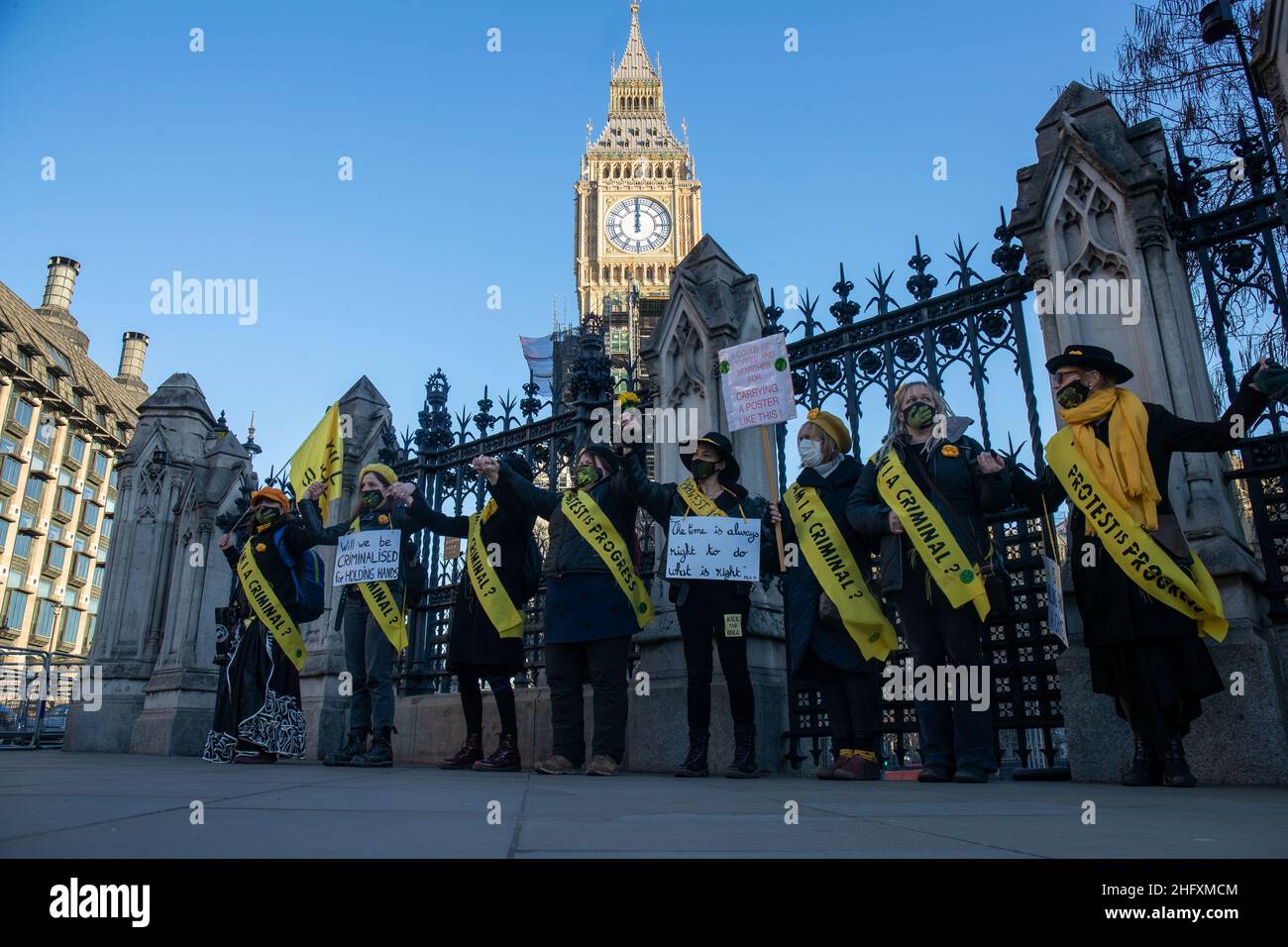 LONDON, UK 17th January 2022. Women's and FINT Kill The Bill Protest dressed as suffragettes on College Green as the House of Lords votes on the Police, Crime, Sentencing and Courts Bill Stock Photo