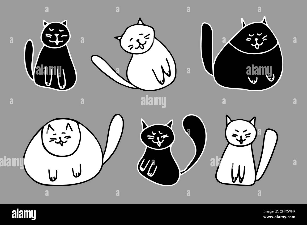 Funny plumpy black and white cats set. Vector illustration of cute hand drawn cats. Kitty mascote isolated for card children design Stock Vector