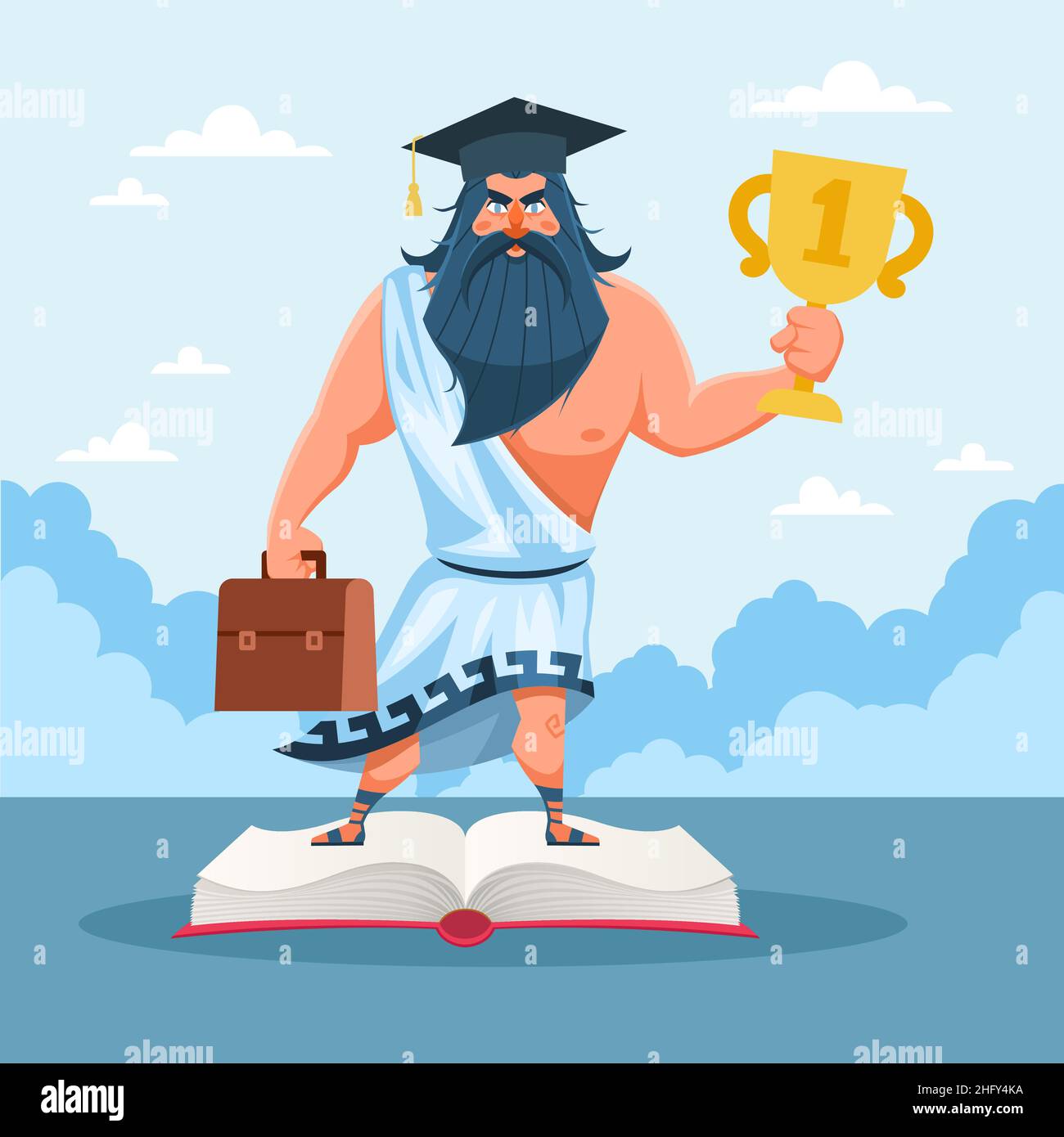 Power of intellect. Advantages of developed brain. Smart and strong man stands on book with golden cup, value of education and knowledge, high IQ Stock Vector